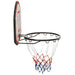 Wall-mounted basketball backboard with steel rim and red, white, blue net