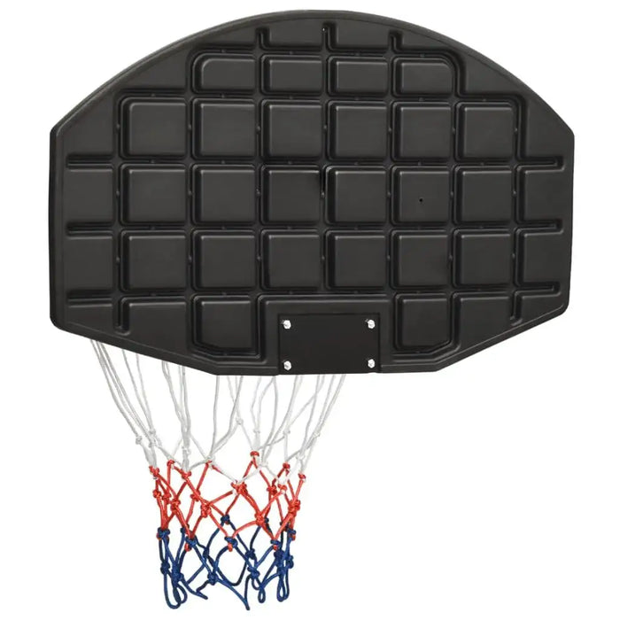Black basketball backboard set with red, white and blue net, wall-mounted design