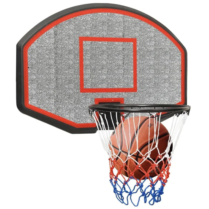 Wall-mounted basketball backboard set with steel rim, red and blue net, and basketball