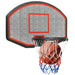 Wall-mounted basketball backboard set with steel rim, red and blue net, and basketball