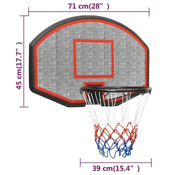 Basketball backboard set 71cm with steel rim, wall-mounted design, net, and size dimensions shown
