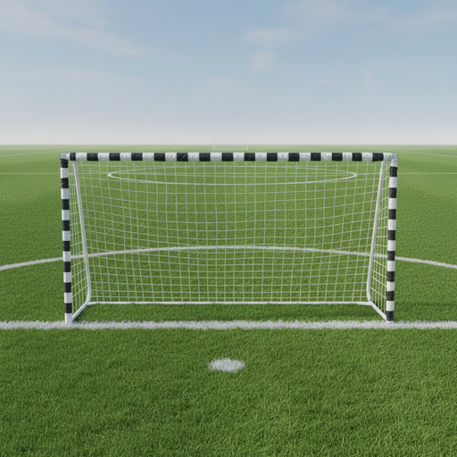 Black and white football goal with metal frame on green soccer field under blue sky
