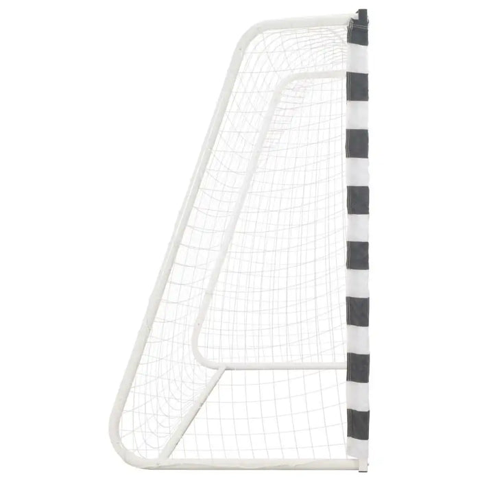 Heavy duty metal frame black and white football goal with net, side view