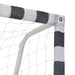 Black and white metal football goal post with heavy duty netting, close-up view.