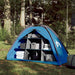 Blue taffeta storage tent with nine compartments holding towels and bags outdoors