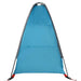 Blue taffeta storage tent with triangular shape and grey trim, secured with black straps.