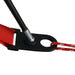 Close-up of tent pole connector with red strap and cord on white background