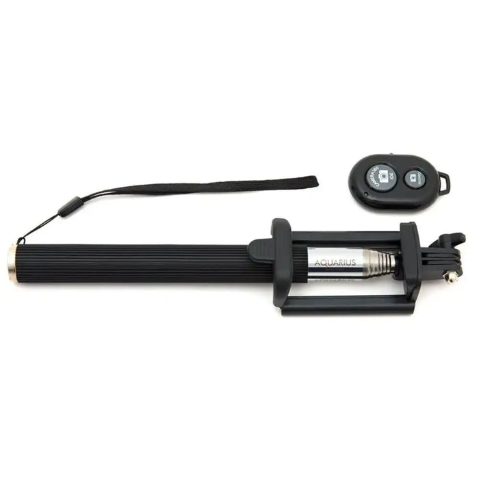 Black Bluetooth selfie stick monopod with phone holder and wireless remote on white background