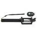 Black Bluetooth selfie stick monopod with phone holder and wireless remote on white background