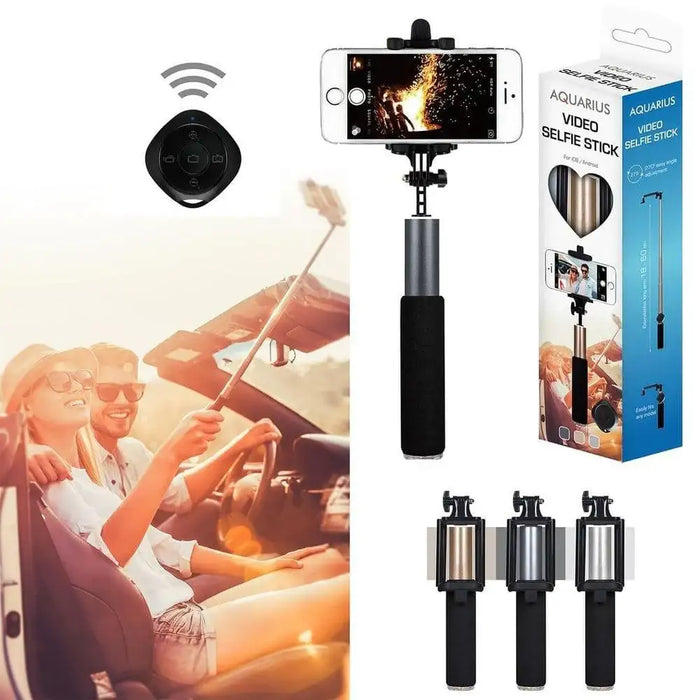 Bluetooth selfie stick monopod with phone holder, remote, and retail packaging