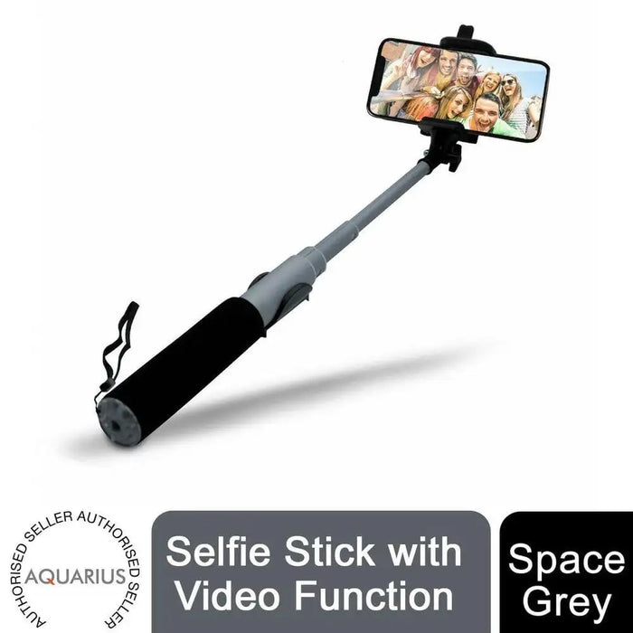 Space grey Bluetooth selfie stick with phone holder and group selfie photo.