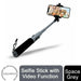 Space grey Bluetooth selfie stick with phone holder and group selfie photo.