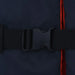 Navy blue buoyancy aid close-up with black buckle and orange trim