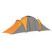Grey and orange 6-person camping tent with multiple entrances and guy lines