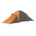 Grey and orange 6-person camping tent with extended vestibule and guy lines, outdoor gear