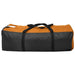 Grey and orange camping tent bag with black straps on white background