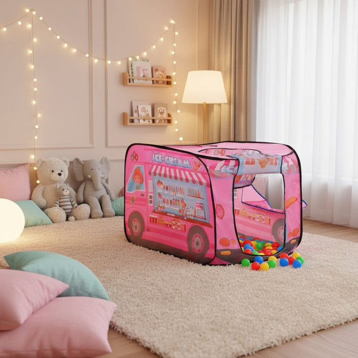 Pink car-themed play tent with balls in a cozy kids room, toys and string lights in background
