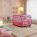 Pink car-themed play tent with balls in a cozy kids room, toys and string lights in background