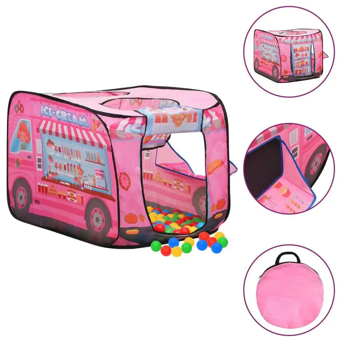 Pink car-themed play tent shaped like an ice cream truck with colorful balls and carry bag