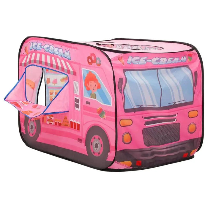 Pink car-themed play tent shaped like an ice cream truck with playful printed designs.