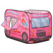Pink car-themed play tent shaped like an ice cream truck with playful printed designs.