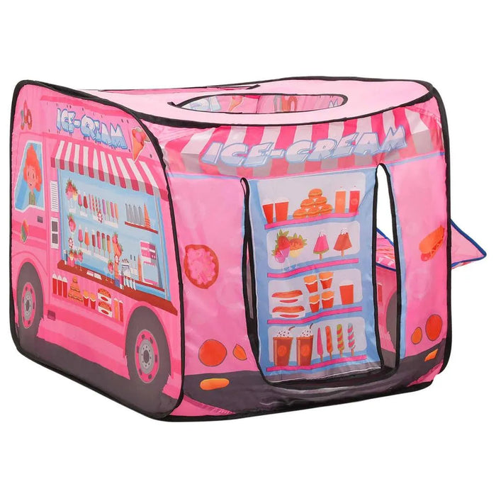 Pink car-themed ice cream play tent for kids with colorful food illustrations