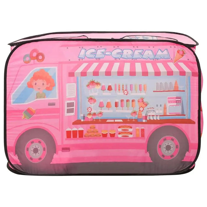 Pink car-themed play tent with ice cream truck design and cartoon graphics