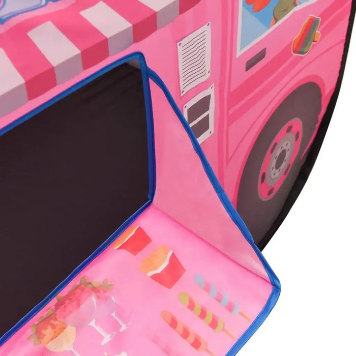 Pink car-themed play tent with printed wheels, desserts, and blue trim