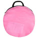 Pink car-themed play tent carrying case with black handle, zipper, and label