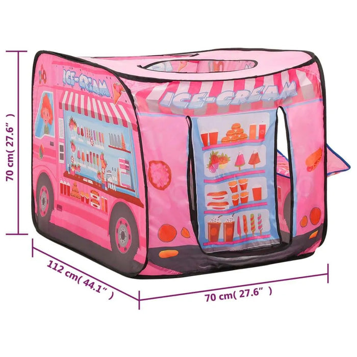 Pink car-themed play tent shaped like an ice cream truck, with UV and water resistance, showing measured dimensions.