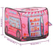 Pink car-themed play tent shaped like an ice cream truck, with UV and water resistance, showing measured dimensions.
