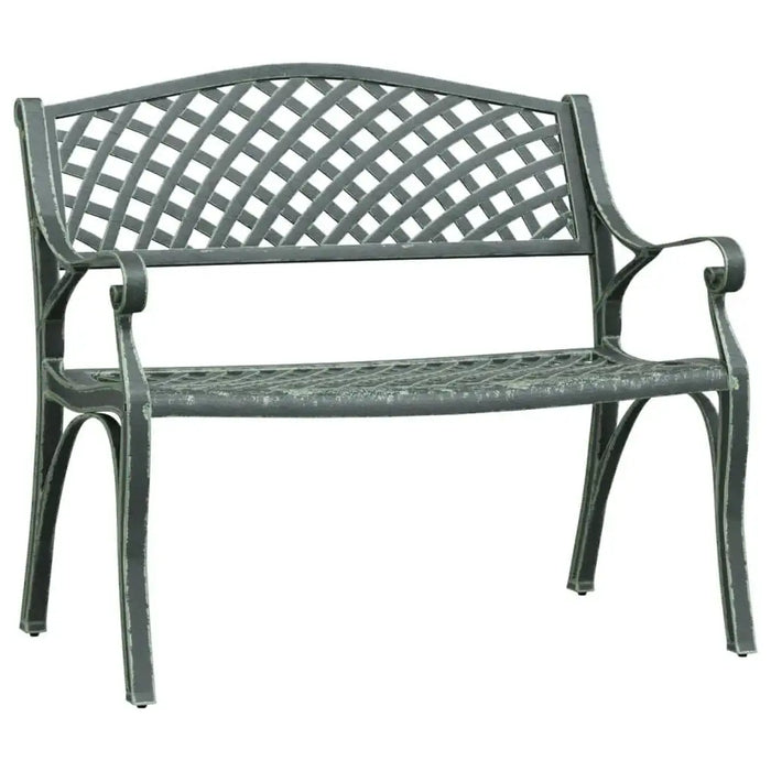 Cast aluminium garden bench with green cast iron legs and romantic lattice design