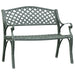 Cast aluminium garden bench with green cast iron legs and romantic lattice design