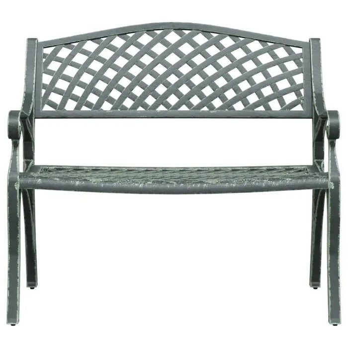 Cast aluminium garden bench with green cast iron legs and lattice backrest, romantic style