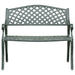 Cast aluminium garden bench with green cast iron legs and lattice backrest, romantic style