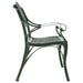 Green cast aluminium garden bench with ornate, romantic style armrests and legs