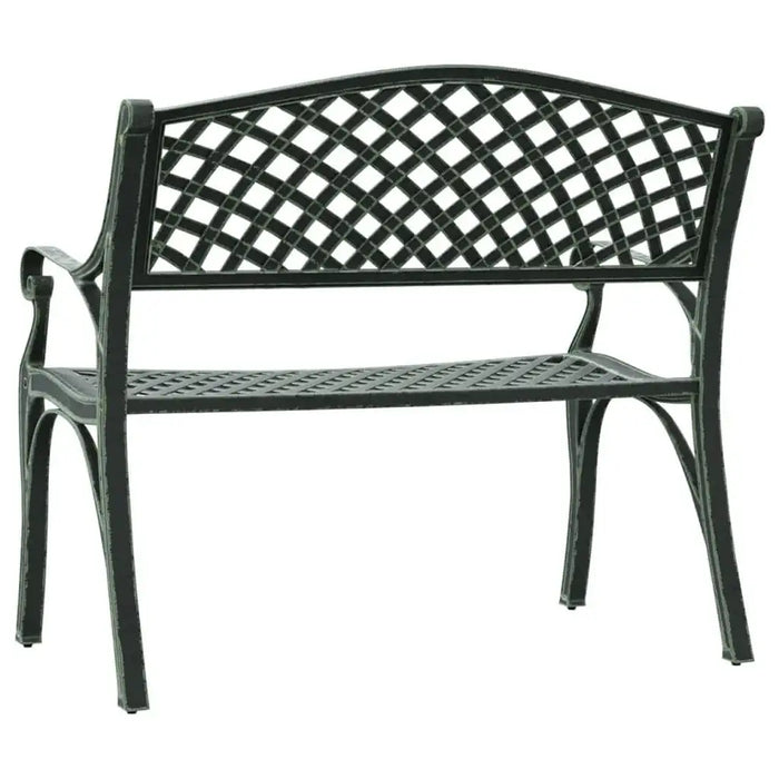 Cast aluminium garden bench with lattice backrest and green cast iron legs
