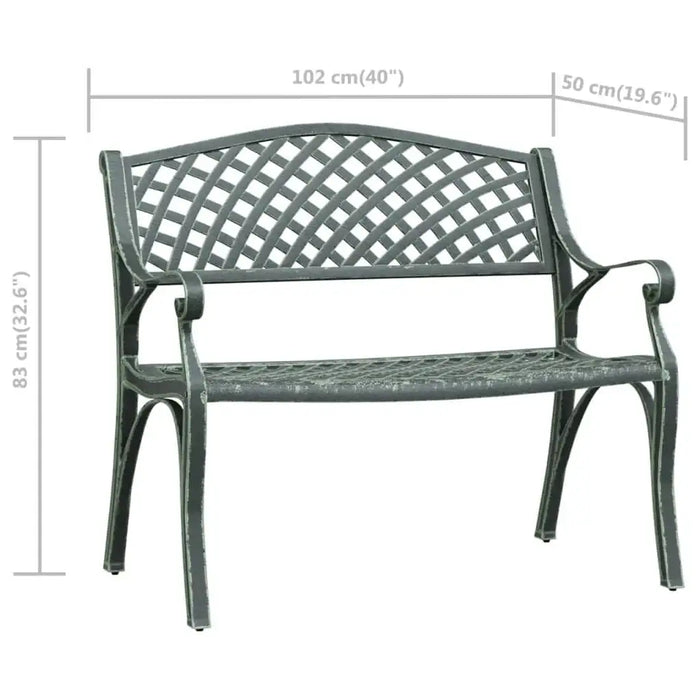 Cast aluminium garden bench with decorative lattice back and armrests, 102cm wide