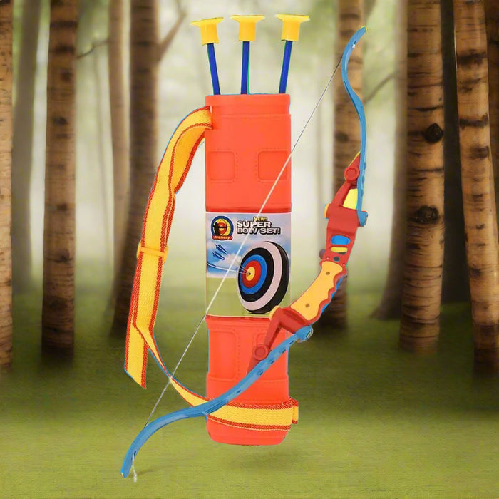 Children's archery set with 68cm bow, three suction cup arrows, and orange quiver in a forest.