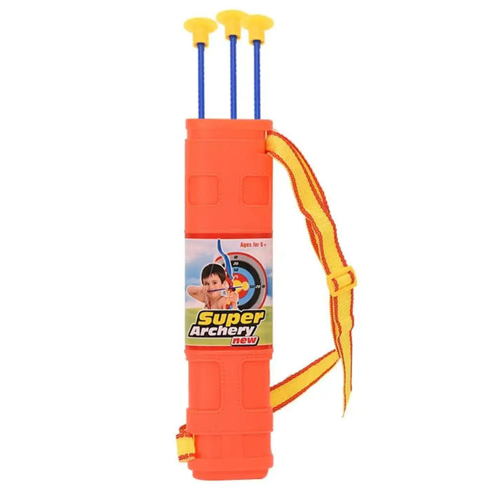 Children's orange archery set quiver with three blue suction cup arrows and yellow strap