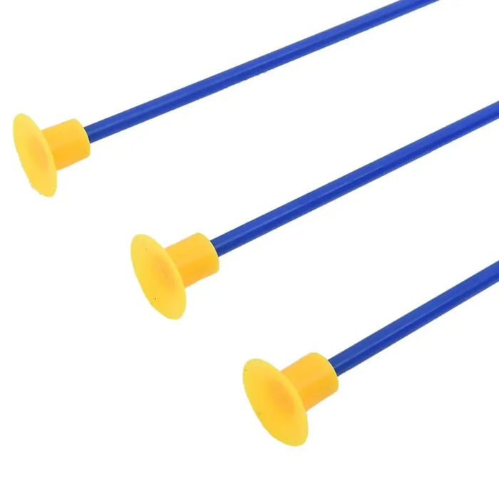 Three blue toy archery arrows with yellow suction cup tips, children's archery set.