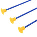 Three blue toy archery arrows with yellow suction cup tips, children's archery set.