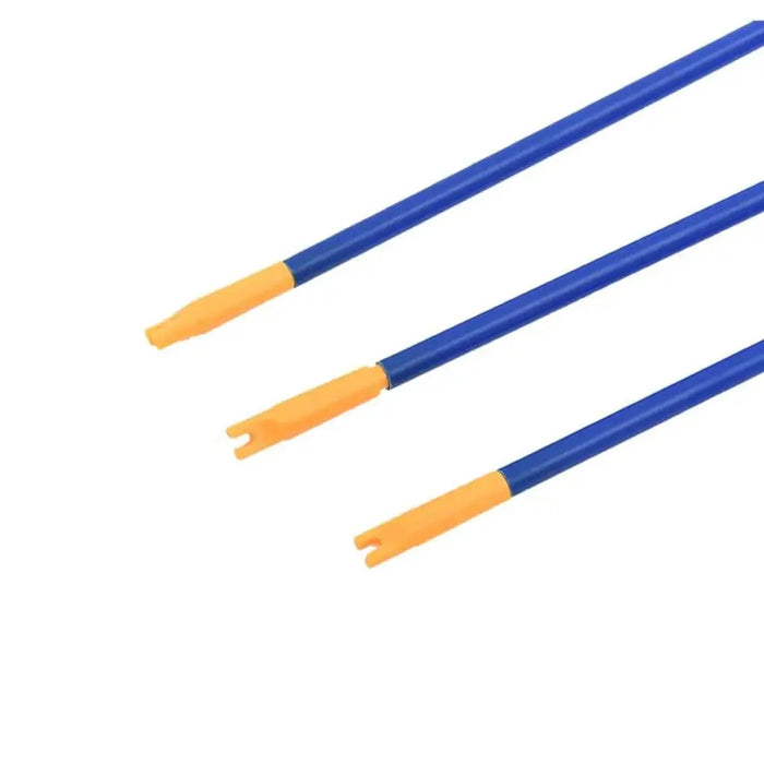 Three blue and yellow kids' archery arrows with plastic tips on white background