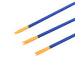 Three blue and yellow kids' archery arrows with plastic tips on white background