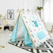 Children's canvas play tent with dinosaur and elephant prints in a modern living room