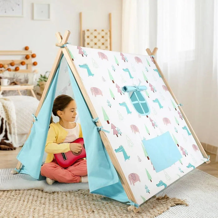 Child playing guitar inside canvas play tent with dinosaur and elephant designs in cozy room