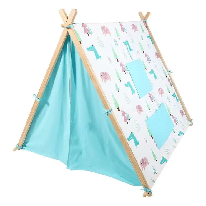 Children's canvas play tent with dinosaur and elephant print, wooden frame, blue sides