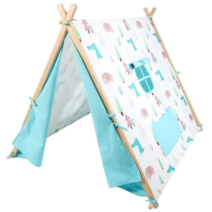 Children's canvas play tent with dinosaur and elephant designs, light blue sides