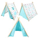 Children's canvas play tent with blue panels, dinosaur and elephant print, wooden frame