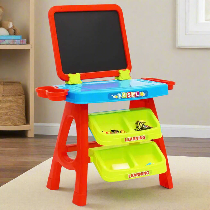 Children’s 2-in-1 easel with magnetic letters, colorful trays labeled learning, in playroom